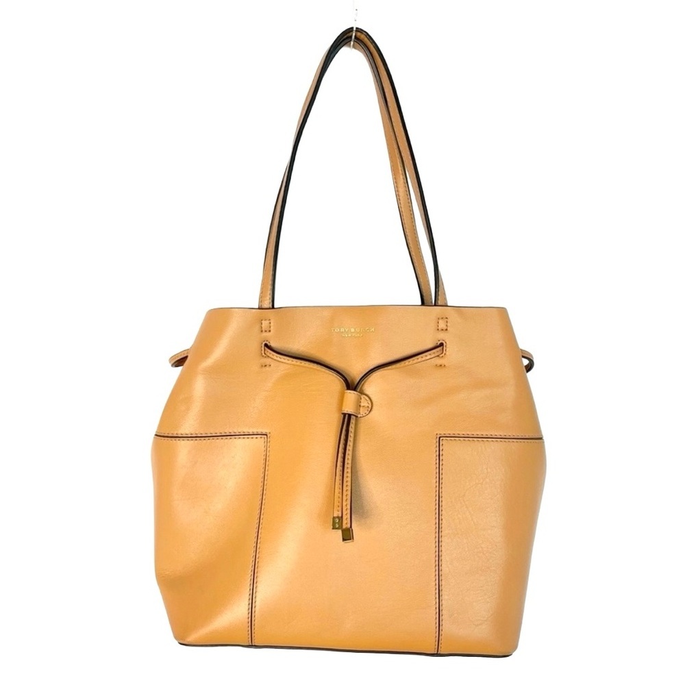 Tory Burch Block T Large Tan Leather Drawstring Tote Bag - Picture 2 of 12